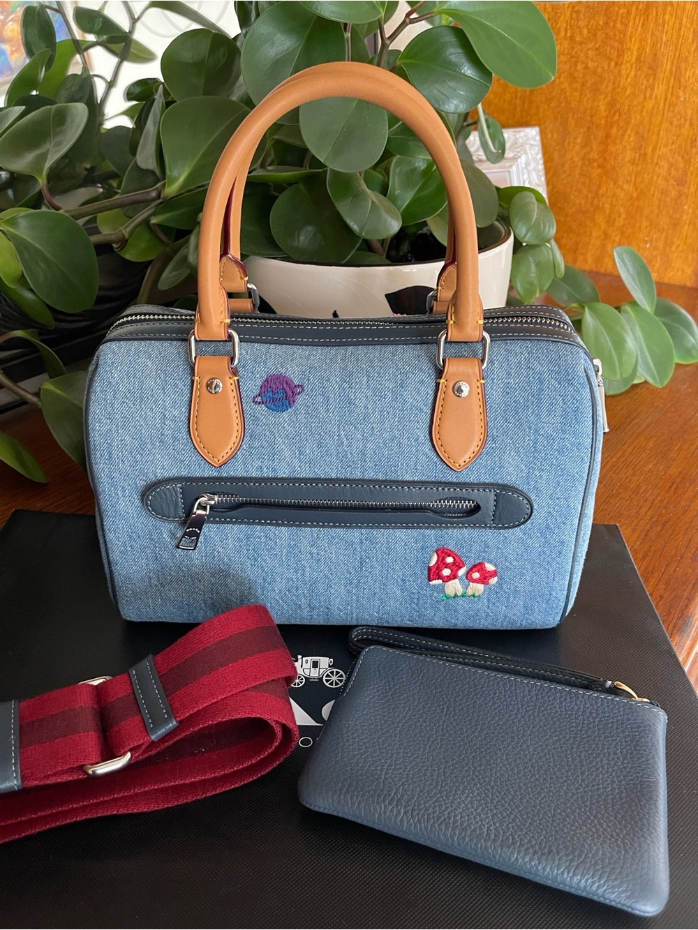 NWOT Coach Rowan Satchel in Denim Embroidery with Matching NWT Wristlet - Picture 2 of 11
